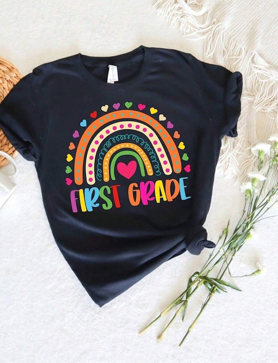 First Grade T-Shirt, First Day Of School T-Shirt, Back To School T-Shirt, First Grade T-Shirt, Rainbow T-Shirt, High Quality 220g Pure Cotton T-Shirt - 黑色 - 查看 1
