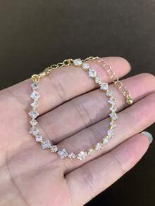 LADYCOCO 1件時尚優雅立方鋯石方形閃亮手工鏈條手鍊，適合女性日常配戴 - 金色 - 查看 2