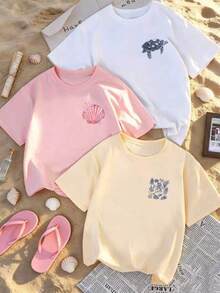 3pcs Women's New Casual Cute Pattern Loose Versatile Round Neck Short Sleeve T-Shirt, Fashionable Daily Vacation Wear Summer - Multicolor - View 2