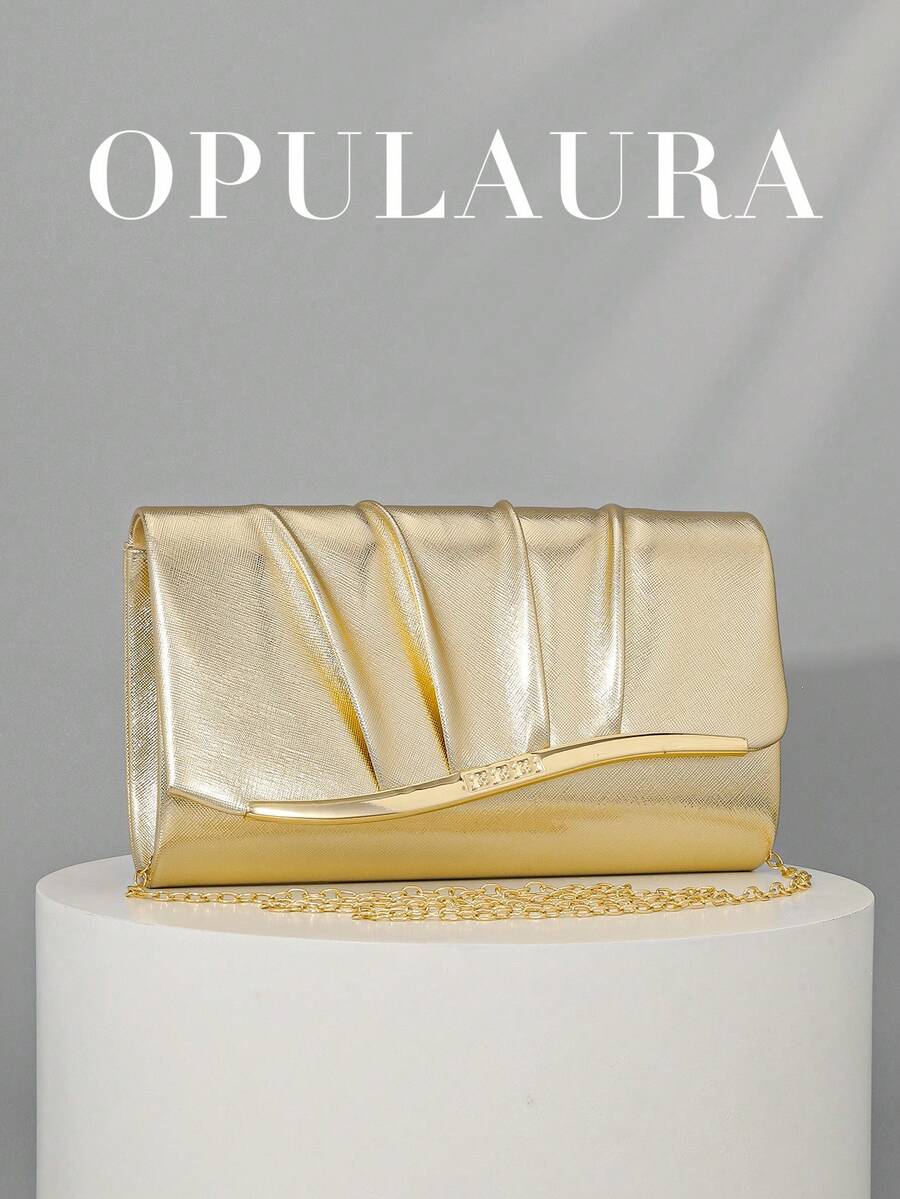 OpulAura 時尚女款 PU 百褶設計晚宴手拿包,派對/婚禮單肩/斜挎鏈條包 - 金色 - 查看 1