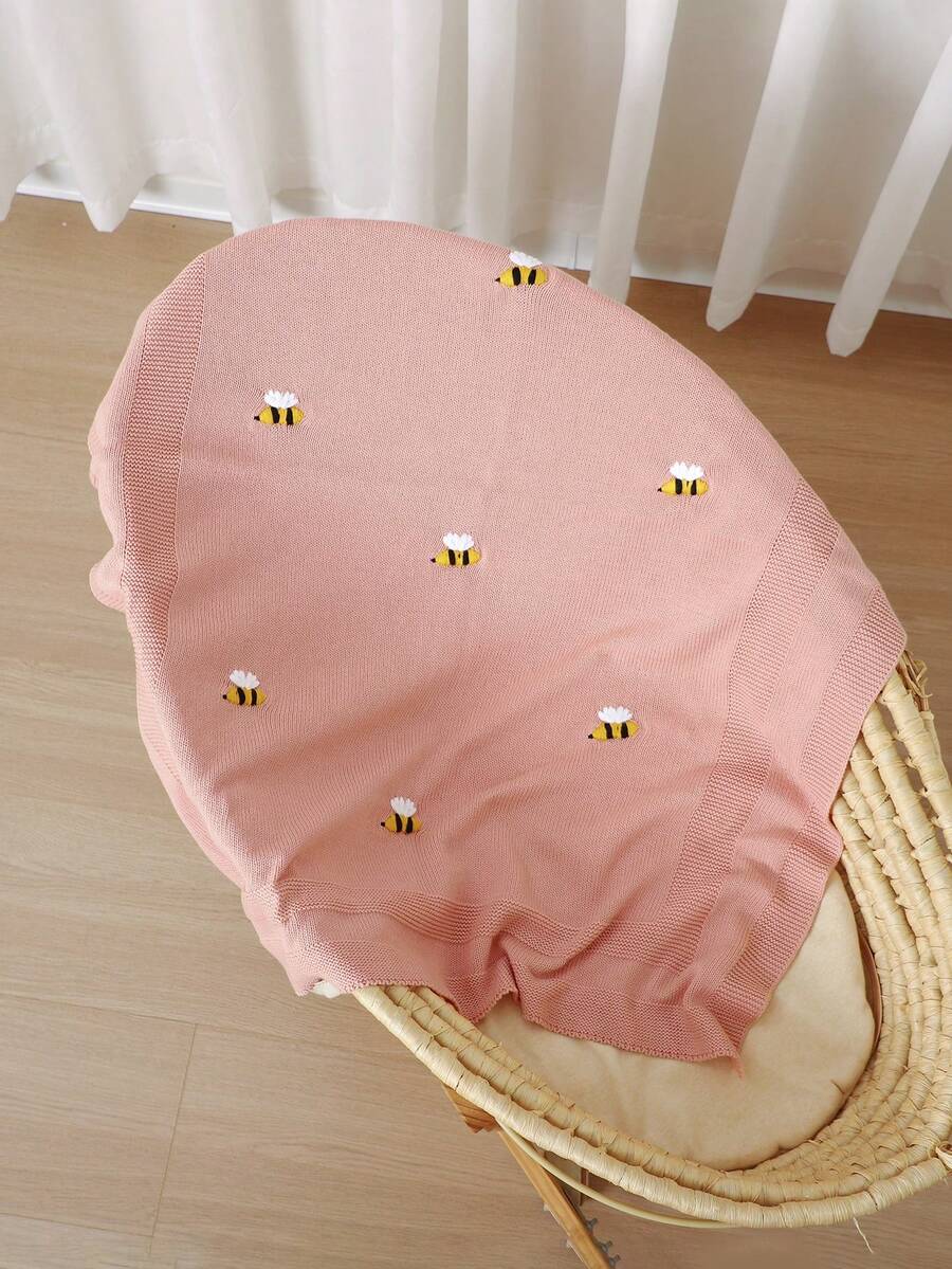 1件嬰兒針織毯 可愛小蜜蜂刺繡 休閒簡約 嬰兒毯 全季節適用 - 粉色 - 查看 1