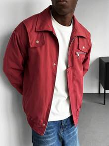 1pc Men's Jacket, Burgundy Metal Zipper Utility Jacket, Crisp Wrinkle-Resistant Fabric, Machine/Dry Cleanable, Comfortable, American Vintage Street Style, Men's Outerwear, Suitable For Daily, Commuting, Outdoor Wear - Red - View 2