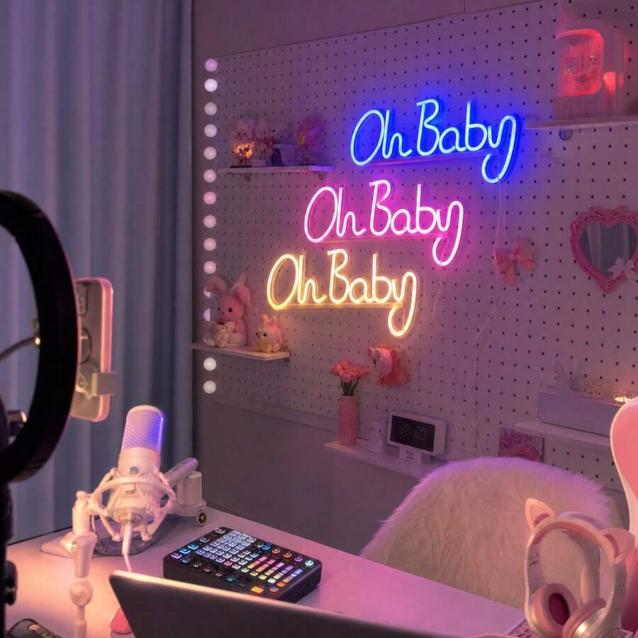 1個 LED 發光字母「Oh Baby」霓虹燈牆飾夜燈 懸掛式壁燈 電池/USB供電 浪漫仙女燈 居家節日派對生日主題場景氛圍燈 臥室客廳陽台裝飾