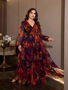 Plus Size Women's New Elegant Romantic Floral Patchwork Design Swing Dress Vacation - Multicolor - View 5