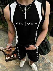 Men's Streetwear Color Block Zipper Sleeveless Tank Top & "VICTORY" Print Casual Shorts Set, Summer - Black and White - View 1