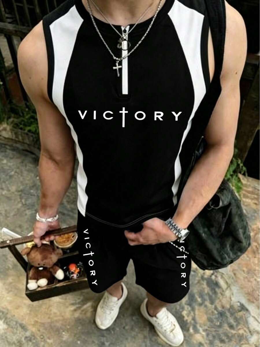 Men's Streetwear Color Block Zipper Sleeveless Tank Top & "VICTORY" Print Casual Shorts Set, Summer - Black and White - View 1