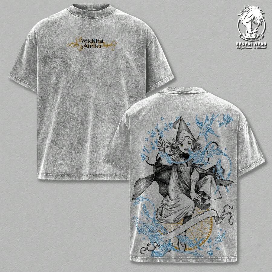 T-Shirt – Atelier Witch Hat Double Print T-Shirt, Vintage Anime Style Graphic Tee, Washed, Loose Fit, Casual Streetwear, Unisex Cotton Top - 深灰色 - 查看 1
