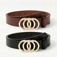3pcs Set PU Classic Belt With Three-Ring Alloy Buckle Decor, Women's Versatile Leather Belt - Multicolor - View 3