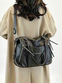 Large Capacity High-End New Style One Shoulder Crossbody Bag, Vintage Versatile Tote Bag, Medieval Motorcycle Style - Black - View 3