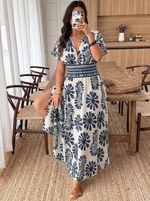 Spring/Summer Shirred Printed Gathered A-Line Slit Casual Vacation Elegant Women's Dress, Suitable For Daily And Vacation Wear - Multicolor - View 4