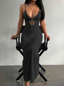 LovelyWholesale Women's Sexy Deep V-Neck Hollow Lace-Up Bodycon Maxi Summer Dress Elegant - Black - View 1
