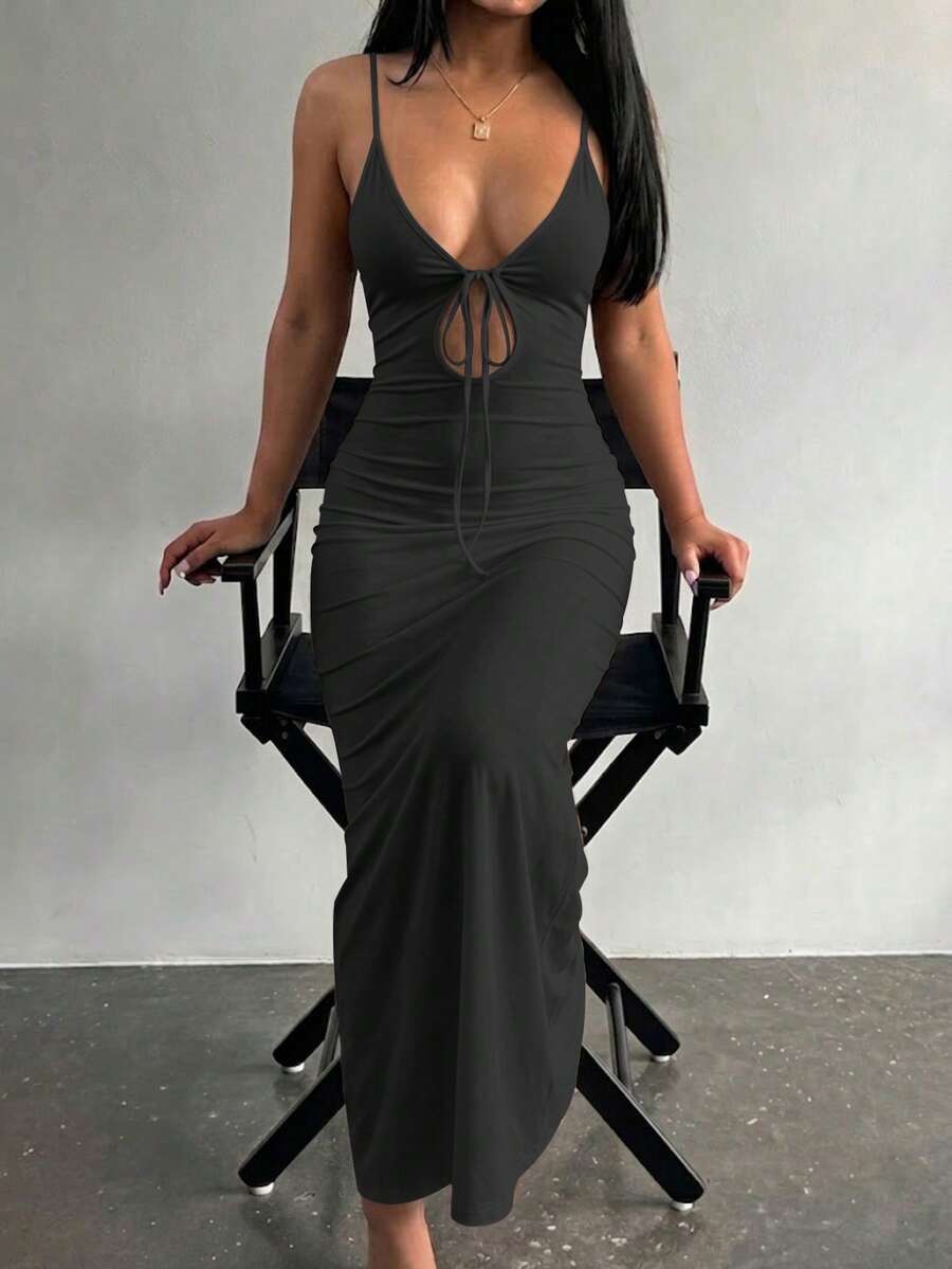 LovelyWholesale Women's Sexy Deep V-Neck Hollow Lace-Up Bodycon Maxi Summer Dress Elegant - Black - View 1