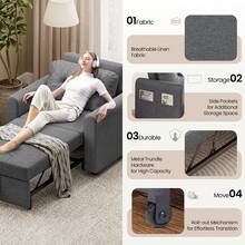 Single Sofa Bed, Convertible Linen Sleeper Sofa Chair With Storage Pockets, 3 Adjustable Backrest, 3-In-1 Pull Out Sofa Bed For Living Room, Bedroom, Dark Grey - Dark Grey - View 3