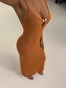 Vestido de verano para mujer de unicolor con textura acanalada, botones de concha, diseño calado, tirantes finos, abertura alta, sexy, para vacaciones y playa - Naranja - Ver 2