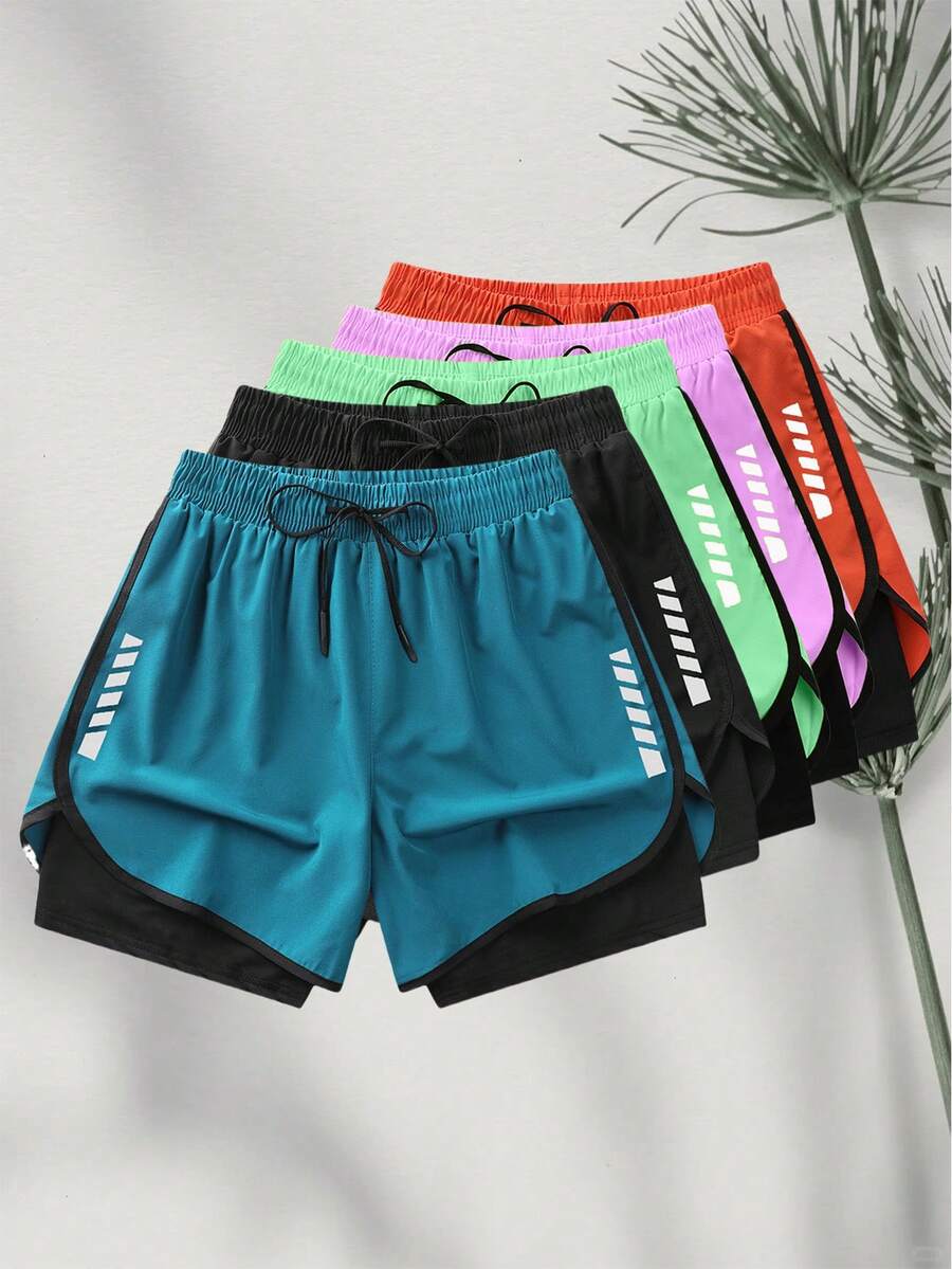 Women's Summer Athletic Shorts, 2 In 1 Running & Fitness Pants, & , Drawstring Waist, Printed, | Adjustable Drawstring Waistband | Sports - Grey - View 1