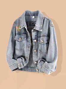 New Girls Casual Cute Denim Jacket, Young GirlShiny Heart Embroidery Versatile Top, Children's Clothing - Medium Wash - View 5