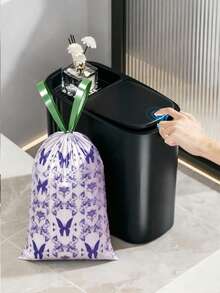 Aesthetic Slim Trash Can With Lid + Lavender Scented Drawstring Garbage Bags Kit - Tear-Resistant, Thickened Waste Bin Set For Bathroom, Kitchen & Home Use - 50pcs - Lavender Trash Bags + White - View 1