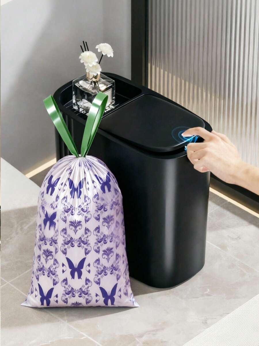Aesthetic Slim Trash Can With Lid + Lavender Scented Drawstring Garbage Bags Kit - Tear-Resistant, Thickened Waste Bin Set For Bathroom, Kitchen & Home Use - 50pcs - Lavender Trash Bags + White - View 1