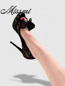 2025 New Black Open Toe Fishnet Lace Embroidery Bow Platform Sexy Thin High Heel Sandals For Women,Spring Summer Outfits - Black - View 12