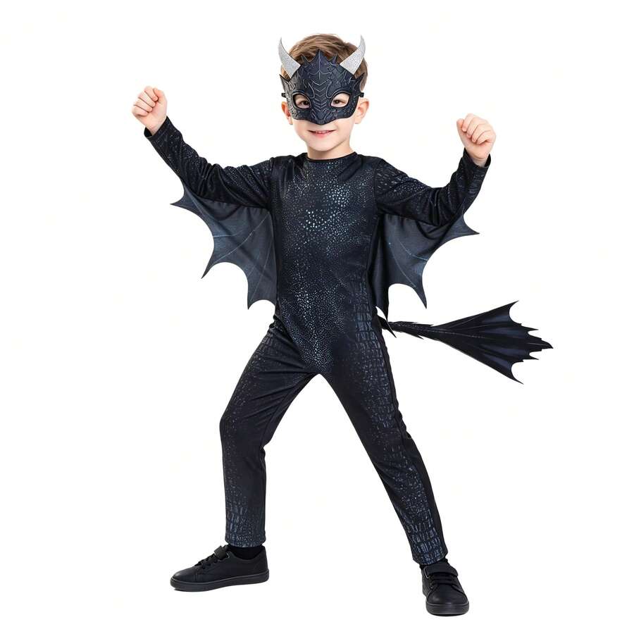 Boys' Obsidian Dragon Costume, Black Dragon Halloween Outfit, Suitable For School Plays, Book Week And Dress-Up Days
