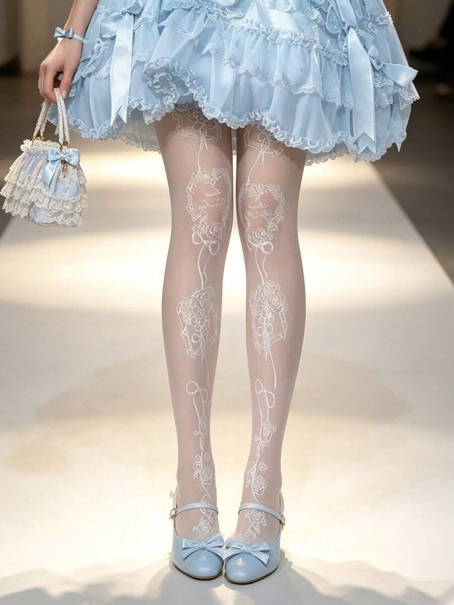 1 pieza Primavera/Verano Pantimedias delgadas personalizadas Y2K sexys con estampado de nota musical - Blanco - Ver 1