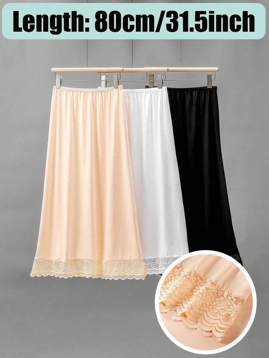 3件/2件裝 素色長度35.4in/31.5in/27.6in/23.6in 多色多尺寸中長版蕾絲設計防反光柔軟防靜電內襯半腰裙 A字貼身裙,適合春、夏、秋季穿著,可搭配長裙防止反光 - 彩色 - 查看 1