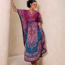 Long Kaftan Dress With Split Fabric And Drawstring, Beach Dress For Vacation - Hot Pink - View 1