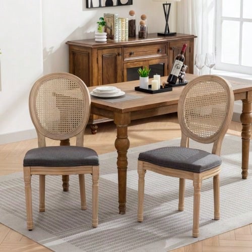 French Style Solid Wood Frame Antique Painting Linen Fabric Rattan Back Dining Chair, Set Of 2,Gray ,DE1843DG - 灰色的 - 查看 1