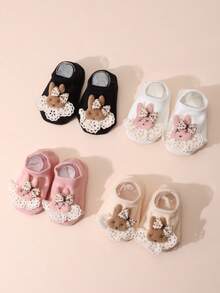 4 pares de calcetines cortos para niña con decoración de conejo lindo, unicolor, suela antideslizante, calcetines tipo barco, versátiles para todas las estaciones - Multicolor - Ver 3