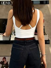 DONICY Women's White Basic V-Neck Camisole, Simple Sexy Spaghetti Strap Tank Top, Versatile Slim Fit Top - White - View 6