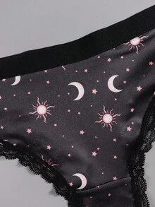 Dircho 1 pièce Tanga avec imprimé Soleil & Lune et bordure en dentelle, culotte confortable taille basse pour femmes - Multicolore - Voir 6