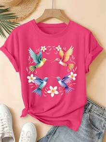 2026 Spring/Summer New Women's Round Neck Four-Color Hummingbird Floral Print Short Sleeve T-Shirt, Vintage Distressed Casual Top, Soft Knit Fabric Hi - Hot Pink - View 3