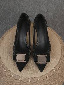 Sapatos Femininos de Salto Agulha com Bico Fino e Decote Baixo, Sapatos Versáteis com Fivela, Sapatos Slip-On da Moda, Saltos Altos Pretos, Tamanhos Grandes 35-43 - Fivela quadrada preta e dourada vazada - Visão 3
