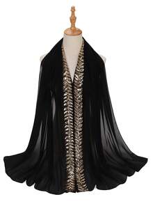 1pc Women's Solid Color Modest Hijab Chiffon Hijab Shawl, Elegant Decorated Simple Fashionable Exquisite Headscarf - Black Sequined Leaf Pattern - View 2