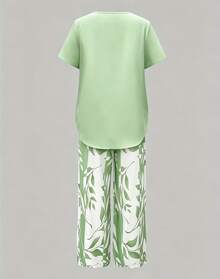 Women's Summer Casual 2 Piece Set, Short Sleeve Asymmetrical Flowy Top & Leaf Print Capri Pants, Vacation Loungewear - màu xanh lá - Xem 5