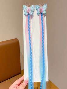 2pcs Girls Cute Embroidered Butterfly Gradient Color Ponytail Hair Extensions Hair Clips - Multicolor - View 4