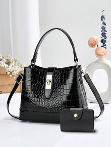 Crocodile Pattern Bucket Handbag, Glossy Patent Leather Top Handle Satchel Bag, Women Crossbody Shoulder Purse With Twist Lock Closure - Apricot - View 9