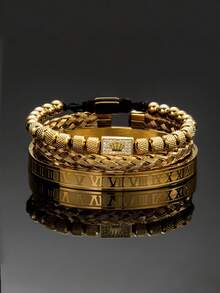 3 pezzi Braccialetto in stile europeo e americano unico in filo d'acciaio intrecciato, braccialetto in acciaio inossidabile con design fatto a mano con corona vintage e perline di strass, adatto per uomini e donne (le perline del braccialetto a corona sono abbinate e combinate casualmente) - Multicolore - Visualizzare 1