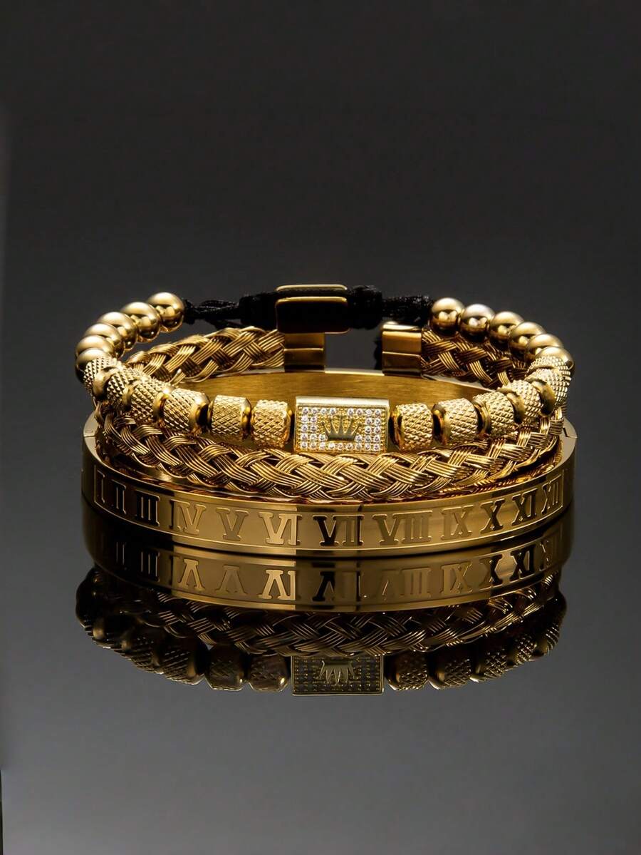 3 pezzi Braccialetto in stile europeo e americano unico in filo d'acciaio intrecciato, braccialetto in acciaio inossidabile con design fatto a mano con corona vintage e perline di strass, adatto per uomini e donne (le perline del braccialetto a corona sono abbinate e combinate casualmente) - Multicolore - Visualizzare 1