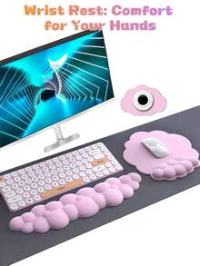 One-Piece Cloud Keyboard Wrist Rest, High-Density Polyurethane Memory Foam Material, Non-Slip Base, Ergonomic Design, Built-In Doll Holder, Suitable For Home Office, Computer, Laptop, Gaming Use - View 3