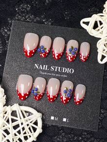 10pcs Summer Handmade Press-On Nails, Short Almond Shape, Nude Coffee Base Color, Red Base With White Dot French Tips, 3D Blueberry Decor, Energetic Sweet Style, Fresh Versatile Design, Comes With Nail Tool Kit, Quick Application And Removal - Red - View 3