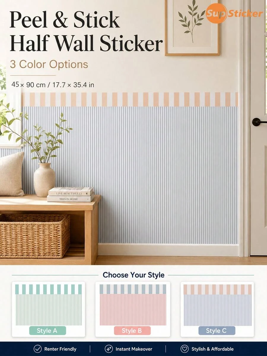 SUPSTICKER 1pc Macaron Color Striped Half Wall Sticker, Removable And Peelable, 17.7x35.4 Inches, Suitable For Living Room, Bedroom, Entryway - 1PC - View 1