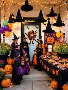 6pcs Halloween Witch Hat Hanging Decorations, 1pc 35m Fishing Line, Halloween Witch Costume Accessories, Halloween Indoor/Outdoor Party Decorations, Halloween Party Decor, Black Pointed Top Hat Decorations, Witch Hat Costume Props, With Fishing Line, Suitable For Indoor/Outdoor Halloween Party Decorations, Durable Weather-Resistant Haunted House And Garden Decorations - Multicolor - View 5