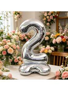 2pcs/1pc 42 Inch Silver Standing Number Foil Balloons, Self-Standing Design Without Support, Suitable For Anniversary, Memorial Day, Birthday Theme Party Atmosphere Decoration, Birthday Photo Props, Room Decor, Indoor Arrangement, Multi-Scenario Celebration Events, Lightweight Foil Material Reusable, Number Style Freely Selectable - 42-inch Standing Digital - View 5