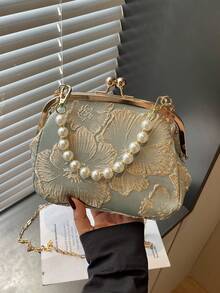 Bolso de mano elegante de mujer con bordado de cuentas y flecos, estampado floral, embrague, adecuado para de noche, boda, banquete, regalo para el Día de la Madre, dama de, San - Bronce - Ver 2