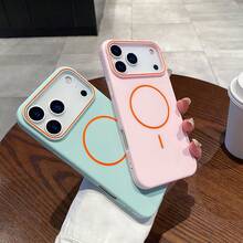 Dual-Color Contrast Orange Line MagSafe Phone Case, Matte Silicone Frame Shockproof Protective Cover, Large Camera Window Oil-Drip Design, Compatible With IPhone 17 16 15 14 13 Pro Max 12 Pro Max Wireless Charging Case, Holiday Gift - Baby Blue - View 3