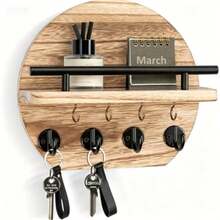 Wall-Mounted Key Rack - 9.8 Inch Apartment Wall Decor With Shelf And 8 Key Hooks, Round Wooden Key Holder, Home Decoration - 5 Hooks - View 10