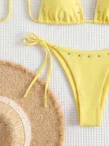 Summer New Lemon Yellow Ribbed Triangle Cup Tie Bikini Sexy Hot Girl Beach Party Vacation 2 Pieces Two-Piece Swimsuit - Yellow - View 5