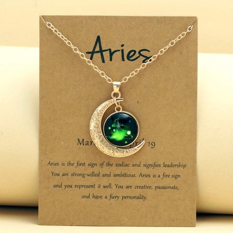 1 Retro Zodiac Moon Pendant Necklace That Glows In The Dark - Vintage Style, Zinc Alloy With Details, Adjustable Chain For Women - Ideal For Everyday Wear And Gifts - 牡羊座 - 查看 1