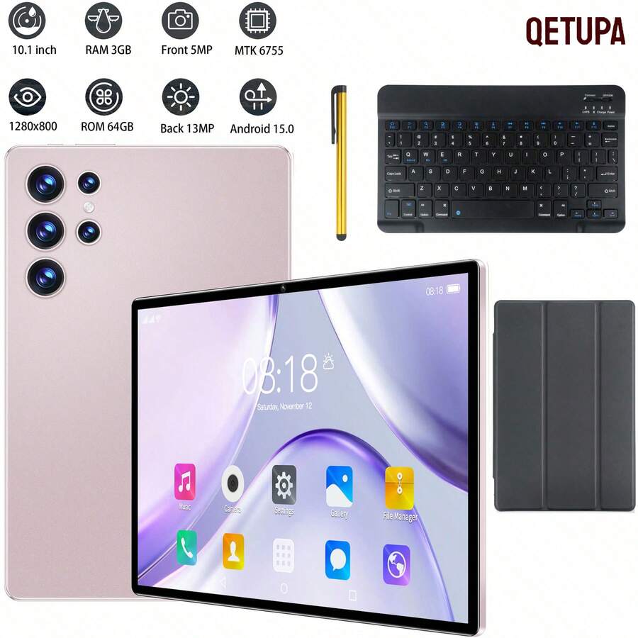 Qetupa 10.1 吋 Android 15 平板電腦 Z50，3GB RAM+64GB ROM，MTK 6755 八核心 1.8GHz 處理器，HD (1280x800) IPS 觸控螢幕，BT 5.2 & 802.11ac WiFi5，GPS，5MP 前置相機 & 13MP 後置相機，6000mAh 大電池（不支援 SIM 卡且不附適配器） - 金色帶鍵盤 - 查看 1